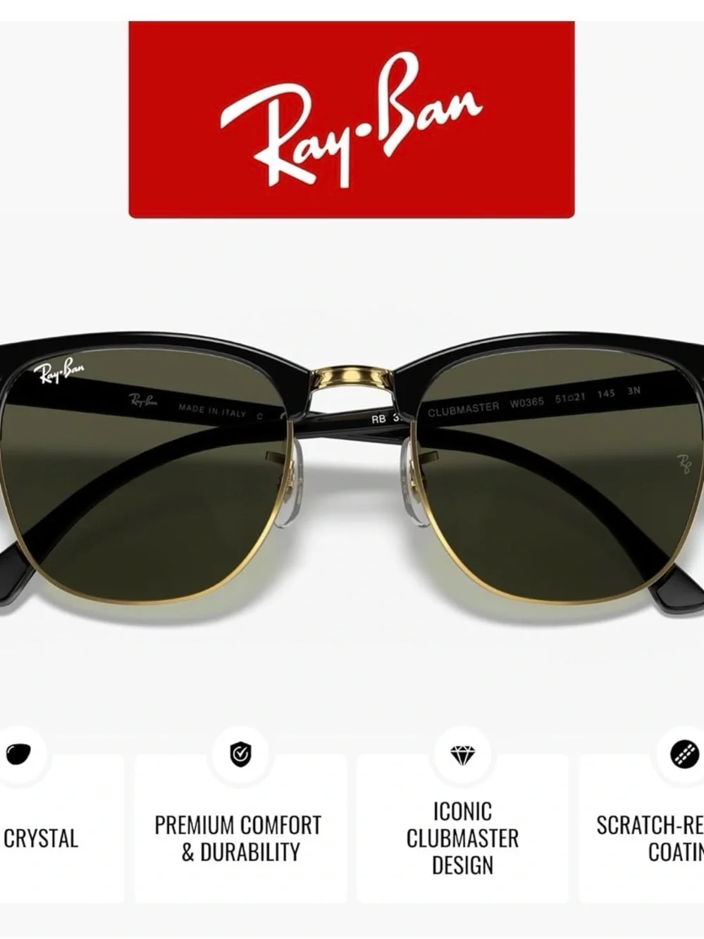 Ray-Ban RB3016 Clubmaster Classic Square Sunglasses for Men for Women L 51mm